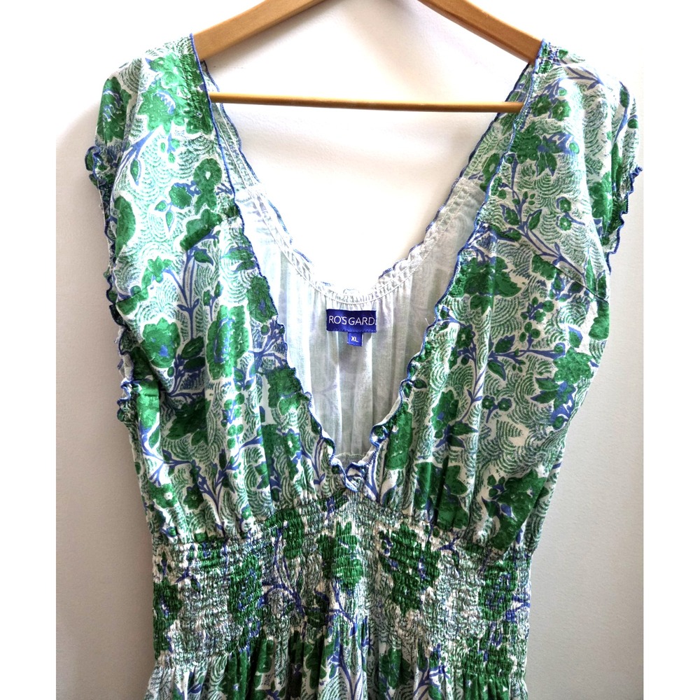 Anthropologie RO'S GARDEN XL Hilda Maxi Dress Green/White Smocked Waist Deep-V - Picture 5 of 10